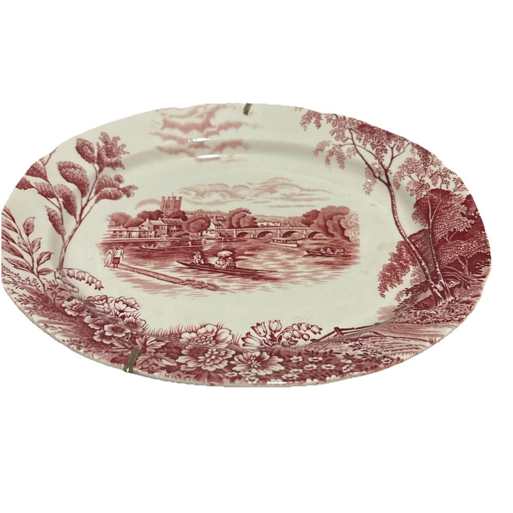 Red Transferware Oval Bowl “The Thames At Henley Bridge” by Pountney & Co.